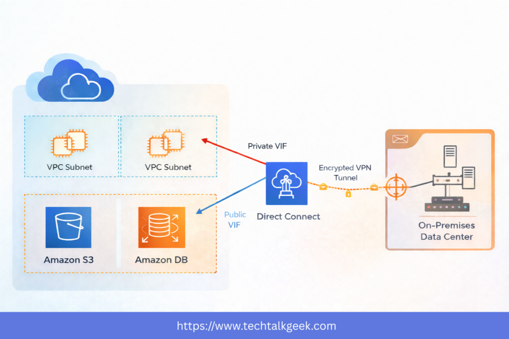 AWS Direct Connect private VIF vs public VIF diagram showing access to VPC resources and AWS public services